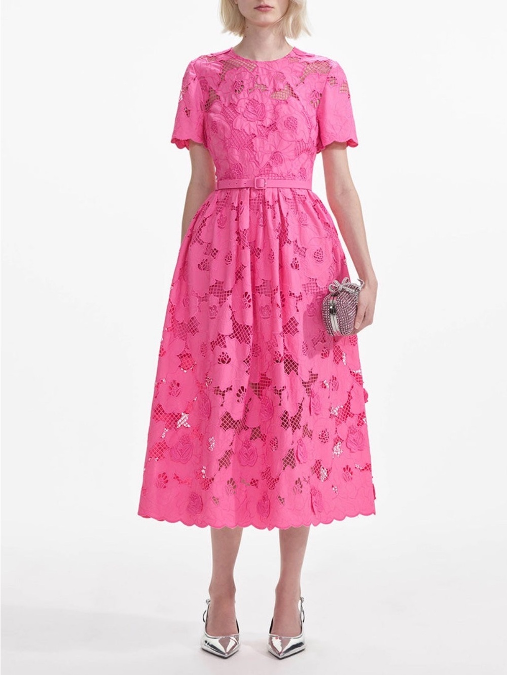Self-Portrait Pink Lace Midi Dress with Belt size 8